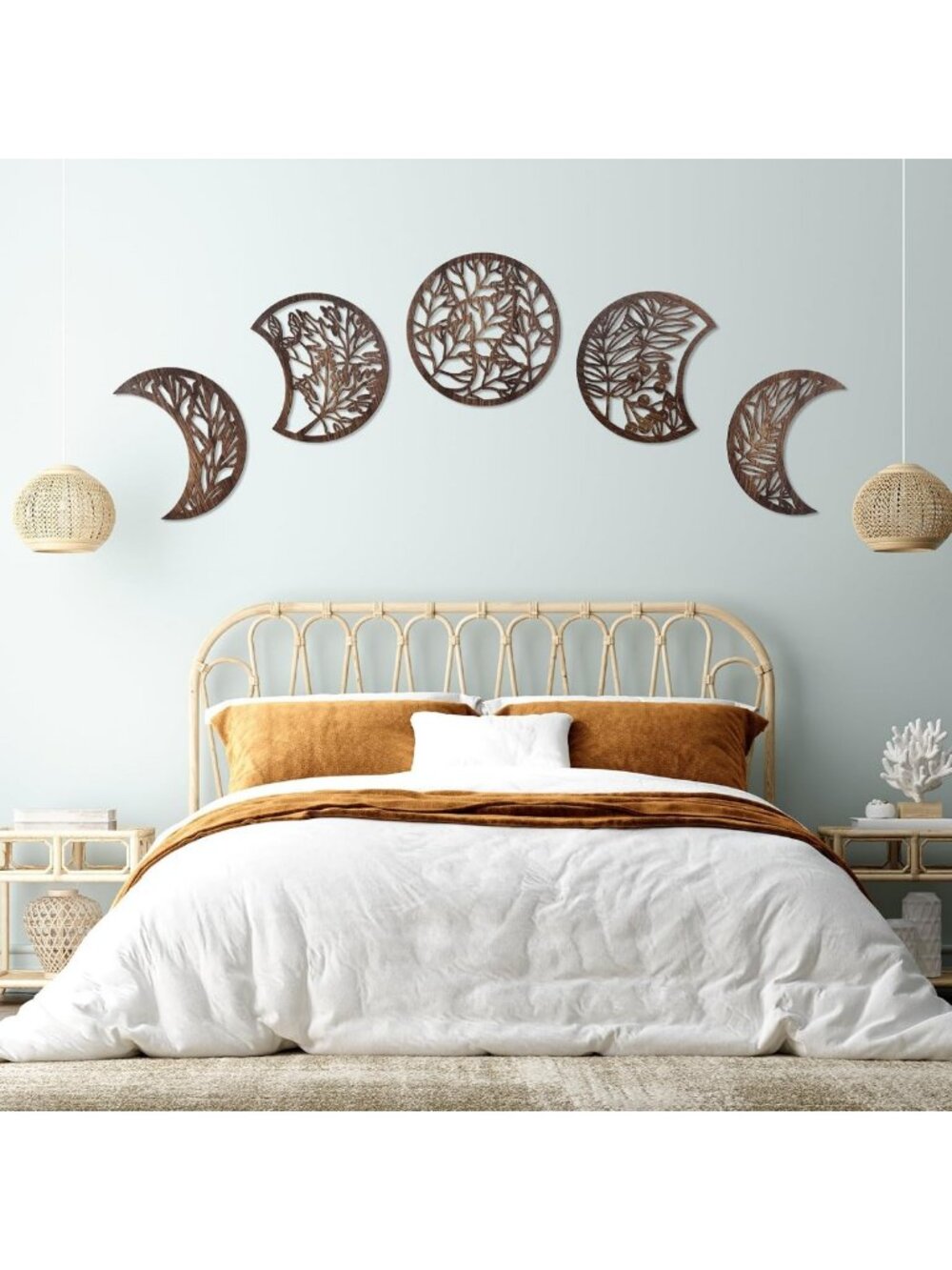 5-Piece Wooden Moon Phases Wall Art Decor - 15.75 Inch Botanical Home Accent